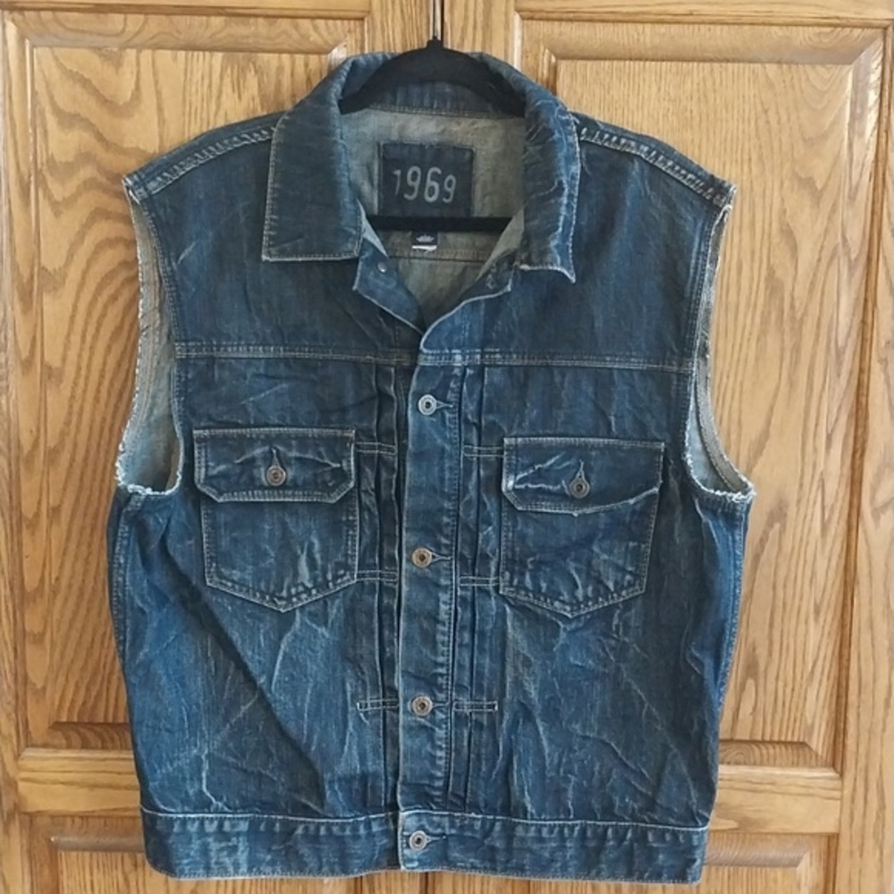 Gap 1969 Vintage Y2K Men's Frayed Denim Sleeveless Jacket Vest Sz Large Dk Rinse